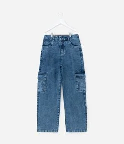 Calça Baggy Infantil em Jeans com Bolsos Cargo - Tam 7 a 14 Anos