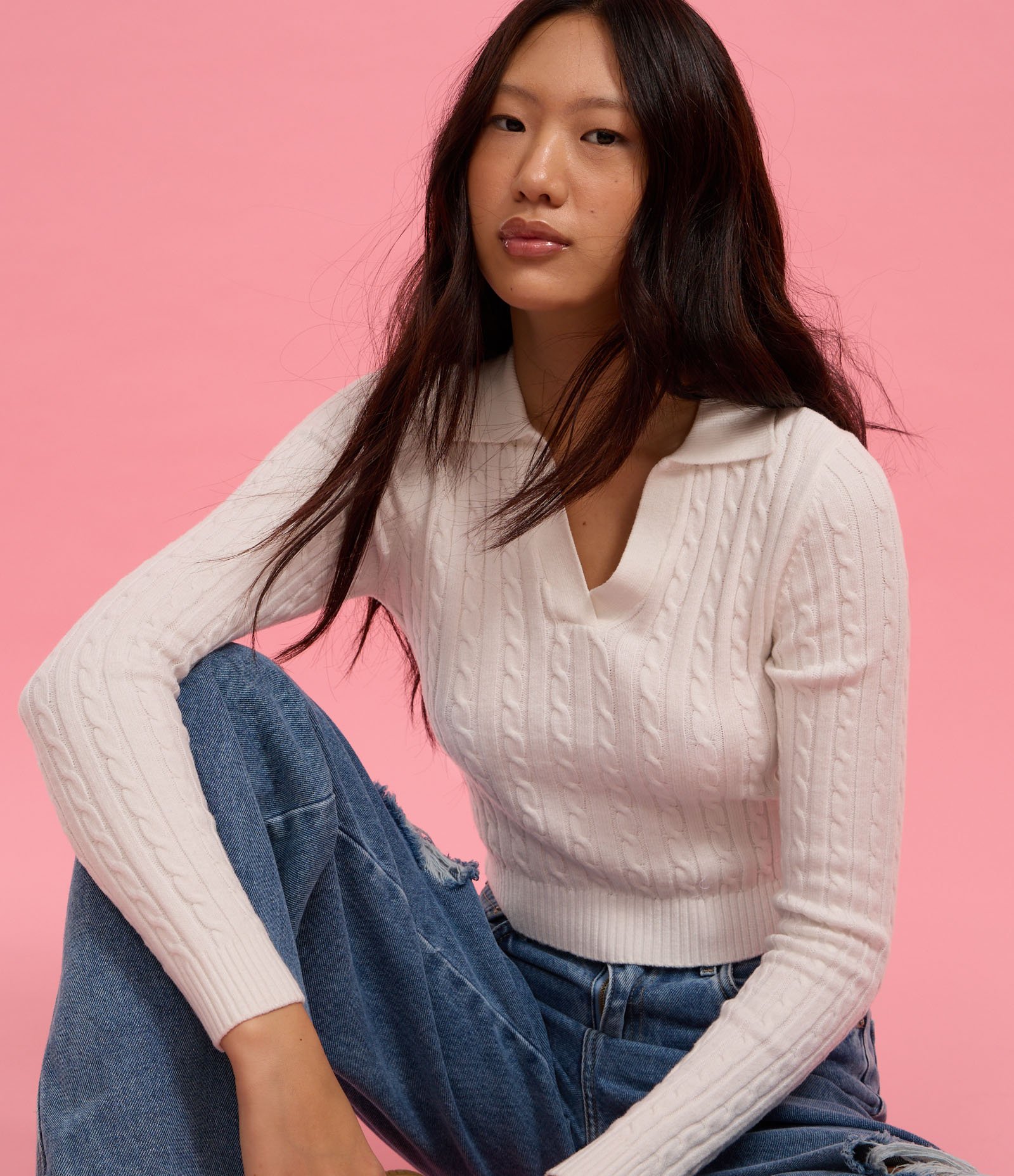 Blusa em Tricô com Textura Trançada e com Gola Polo Branco 4