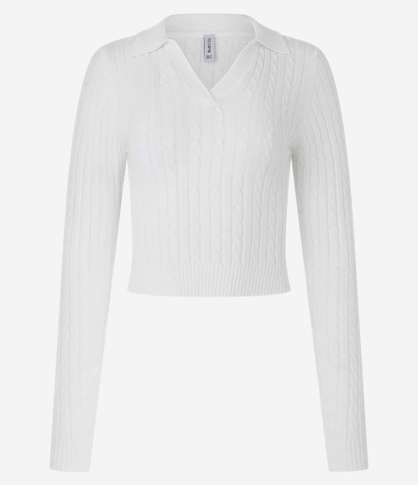 Blusa em Tricô com Textura Trançada e com Gola Polo Branco 5