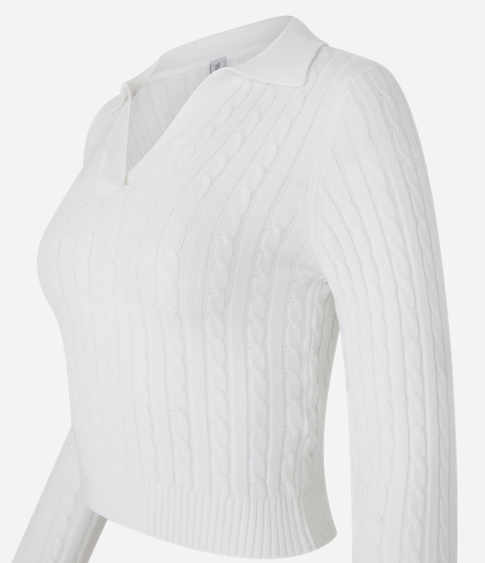 Blusa em Tricô com Textura Trançada e com Gola Polo Branco 6