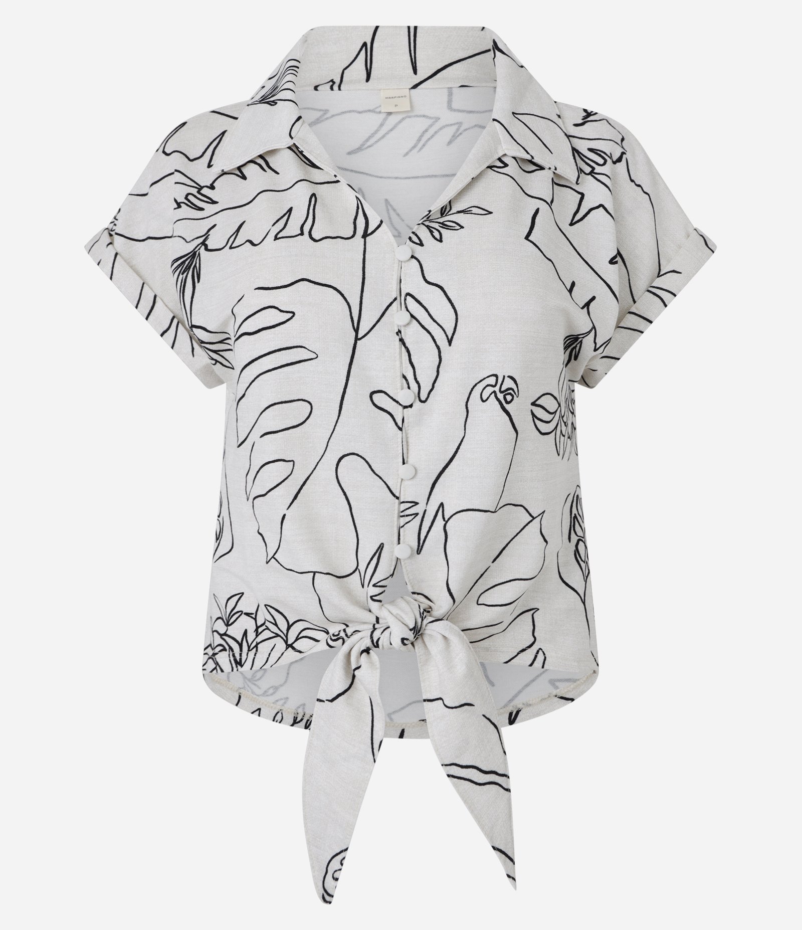 Blusa em Viscose com Amarração e Folhagens Estampadas Branco Neve 1