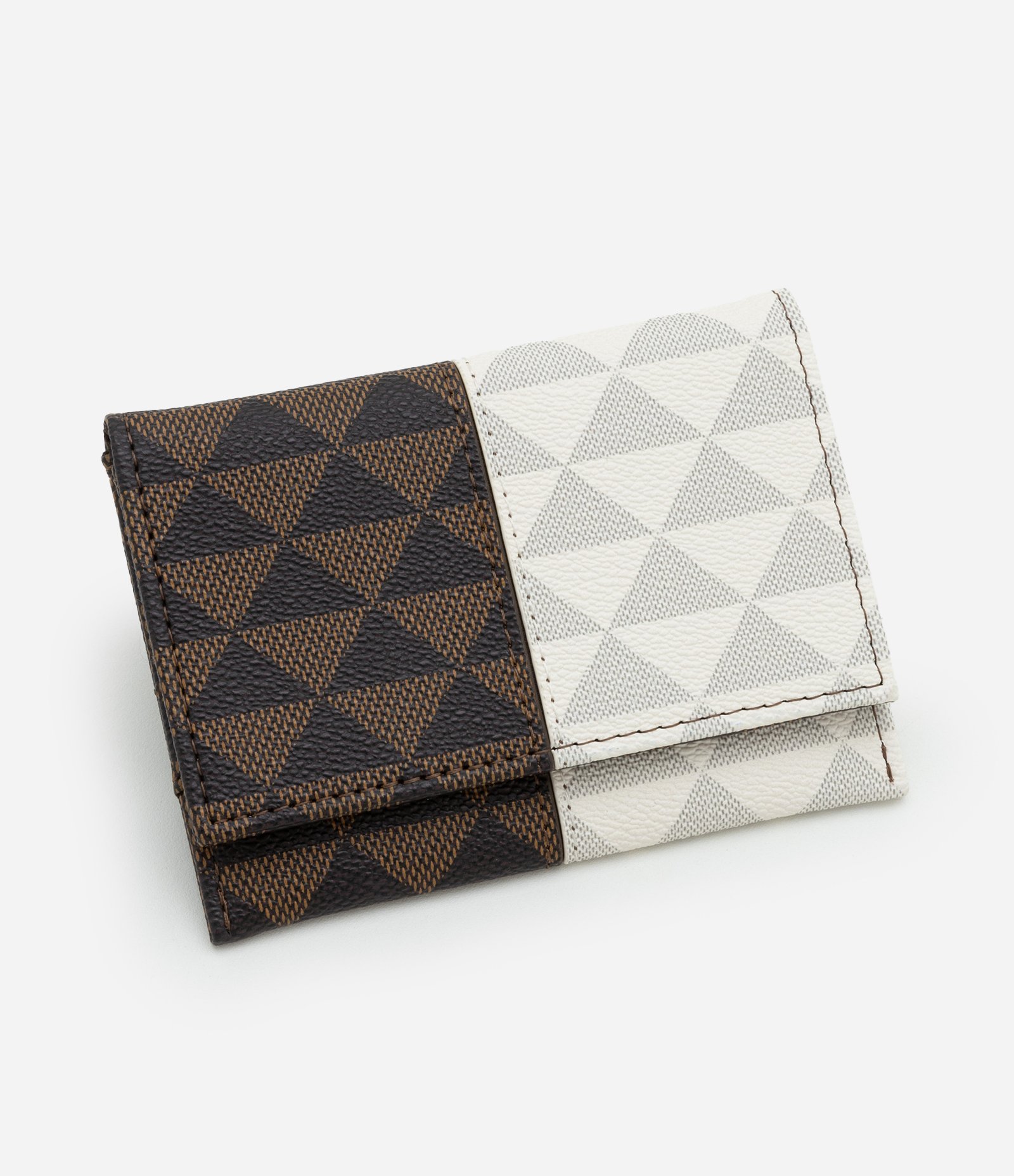 Carteira Pequena em PU Estampa Triângulos Bicolor Off White/Marrom 1