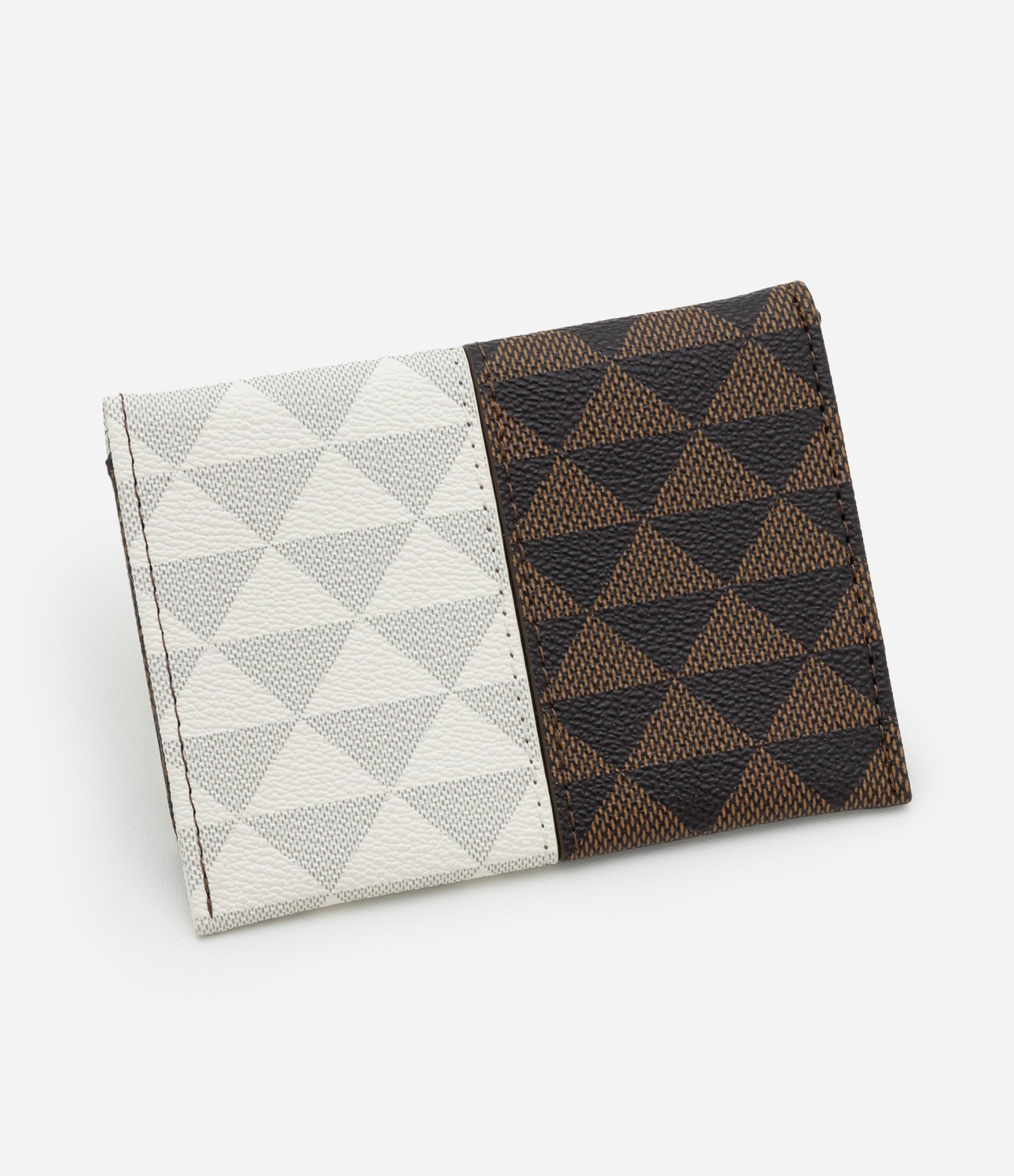 Carteira Pequena em PU Estampa Triângulos Bicolor Off White/Marrom 4