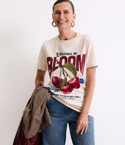 Camiseta Alongada em Algodão com Estampa de Cereja
