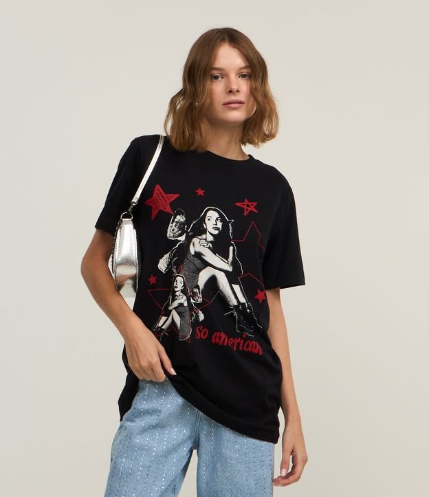 Camiseta Alongada em Algodão com Estampa Olivia So American