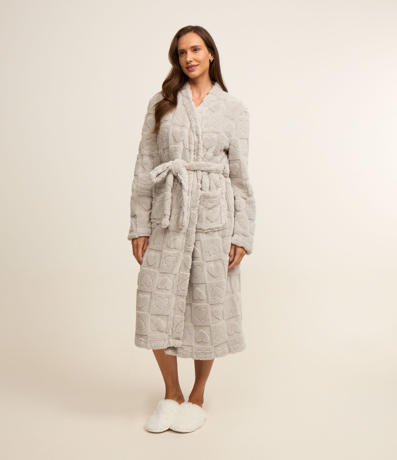 Robe em Fleece com Amarração e Coração Embossed Cinza 1