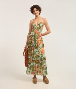 Vestido Midi de Alça em Estampa Folhagem Tropical