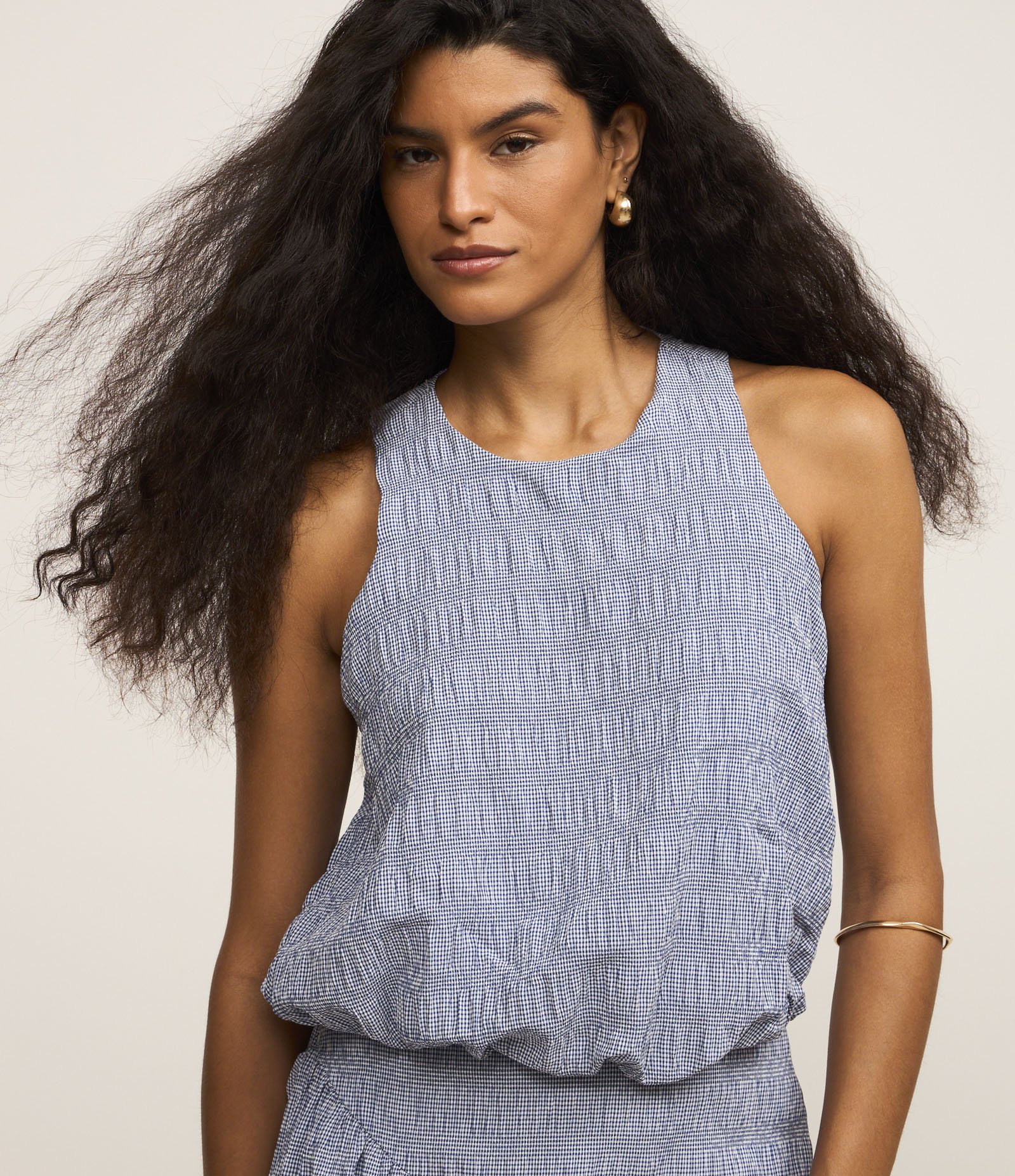 Blusa em Tricoline Xadrez com Botão nas Costas Azul 1