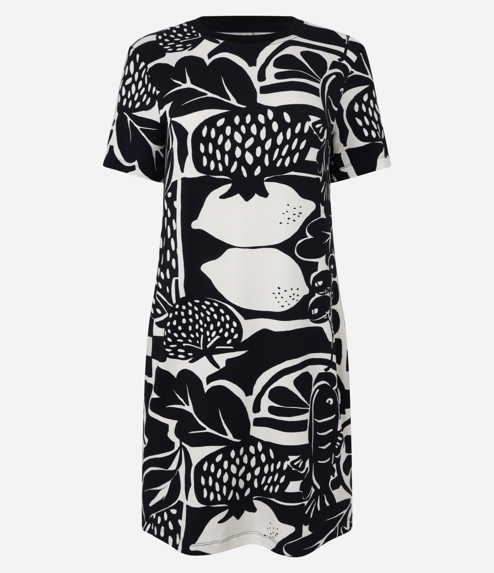 Vestido T-Shirt Curto Reto em Viscose Estampado de Frutas Preto/Off White 4