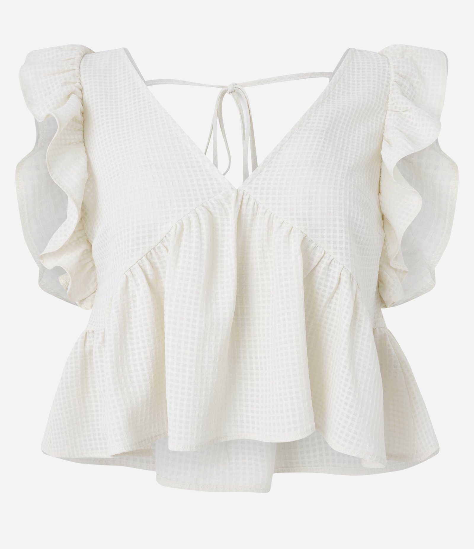 Blusa Texturizada em Chiffon com Babados nos Ombros e Amarração Off White 4