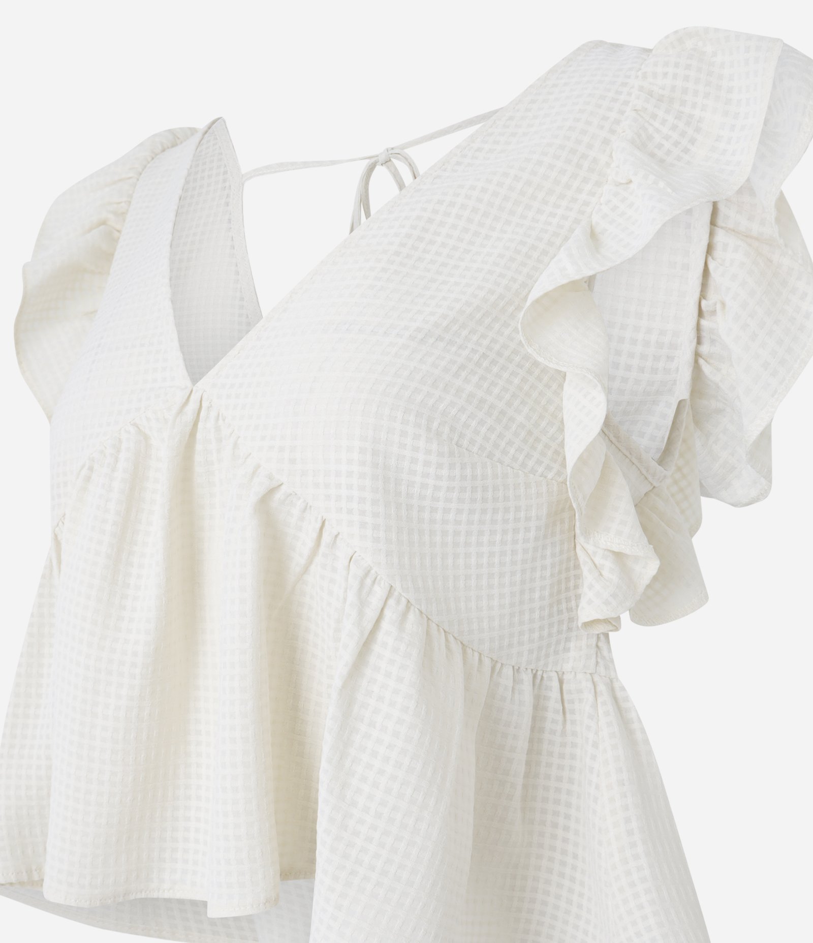 Blusa Texturizada em Chiffon com Babados nos Ombros e Amarração Off White 5