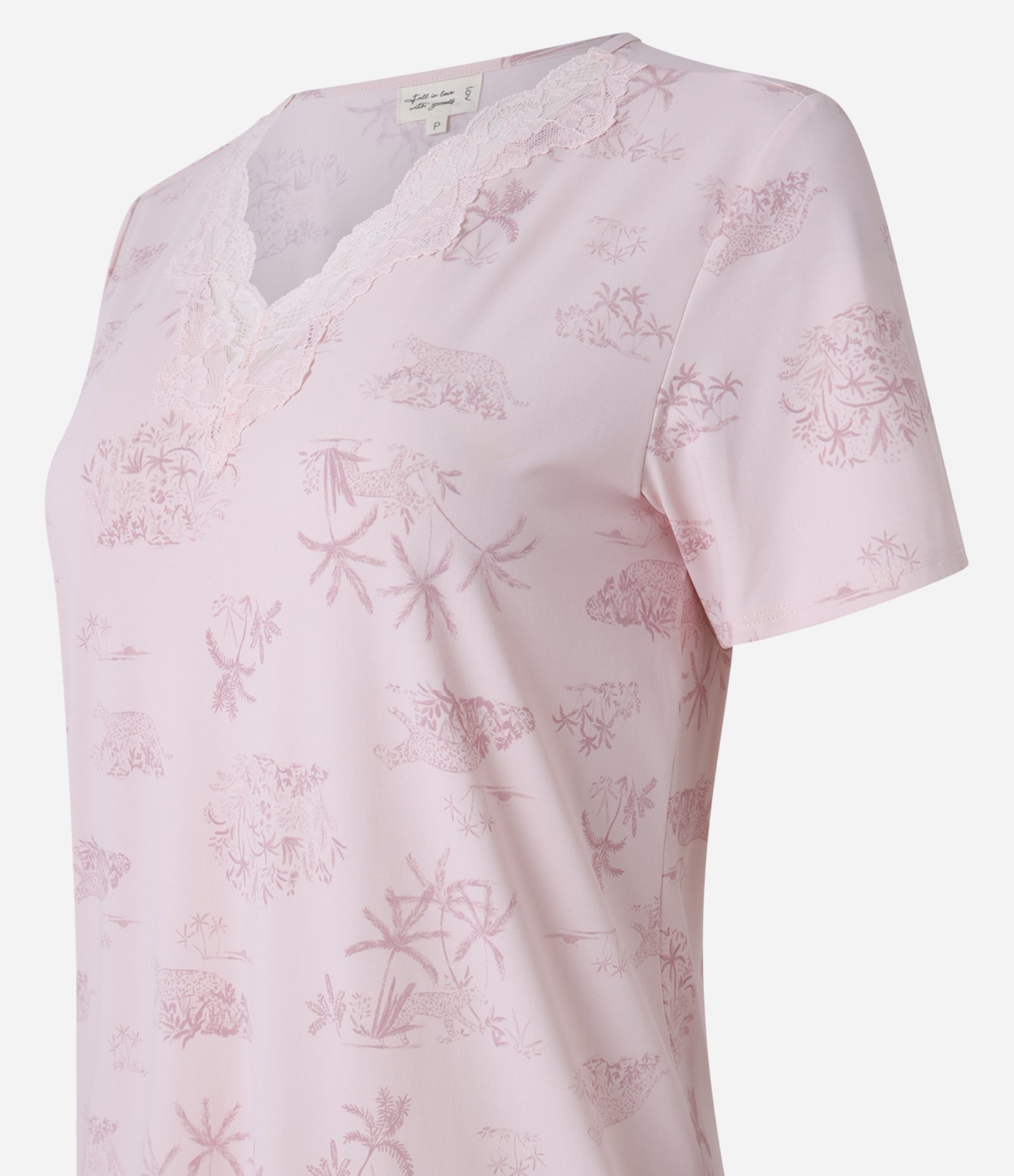 Camisola Curta em Poliamida com Detalhe Rendado e Estampa Coqueiros Rosa 5