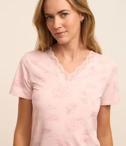 Camisola Curta em Poliamida com Detalhe Rendado e Estampa Coqueiros