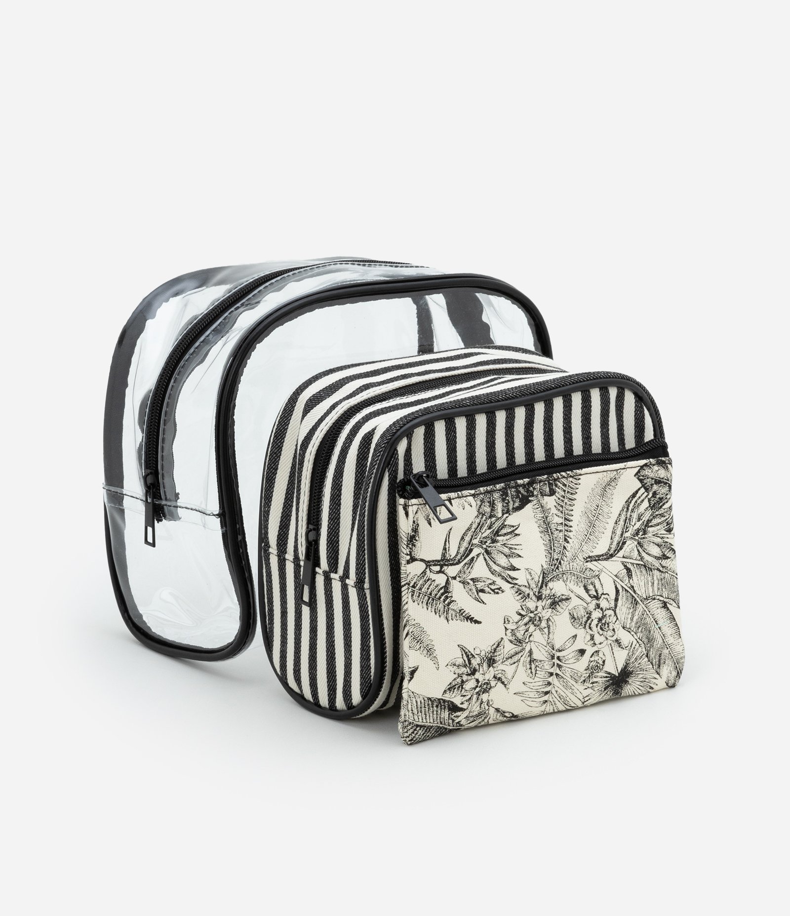 Kit 03 Nécessaires Tamanhos Diversos e Estampa de Listras e Folhagem Off White/Preto 2