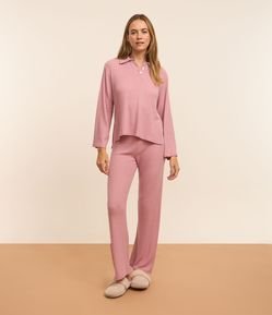 Pijama Longo em Malha Texturizada com Gola Polo