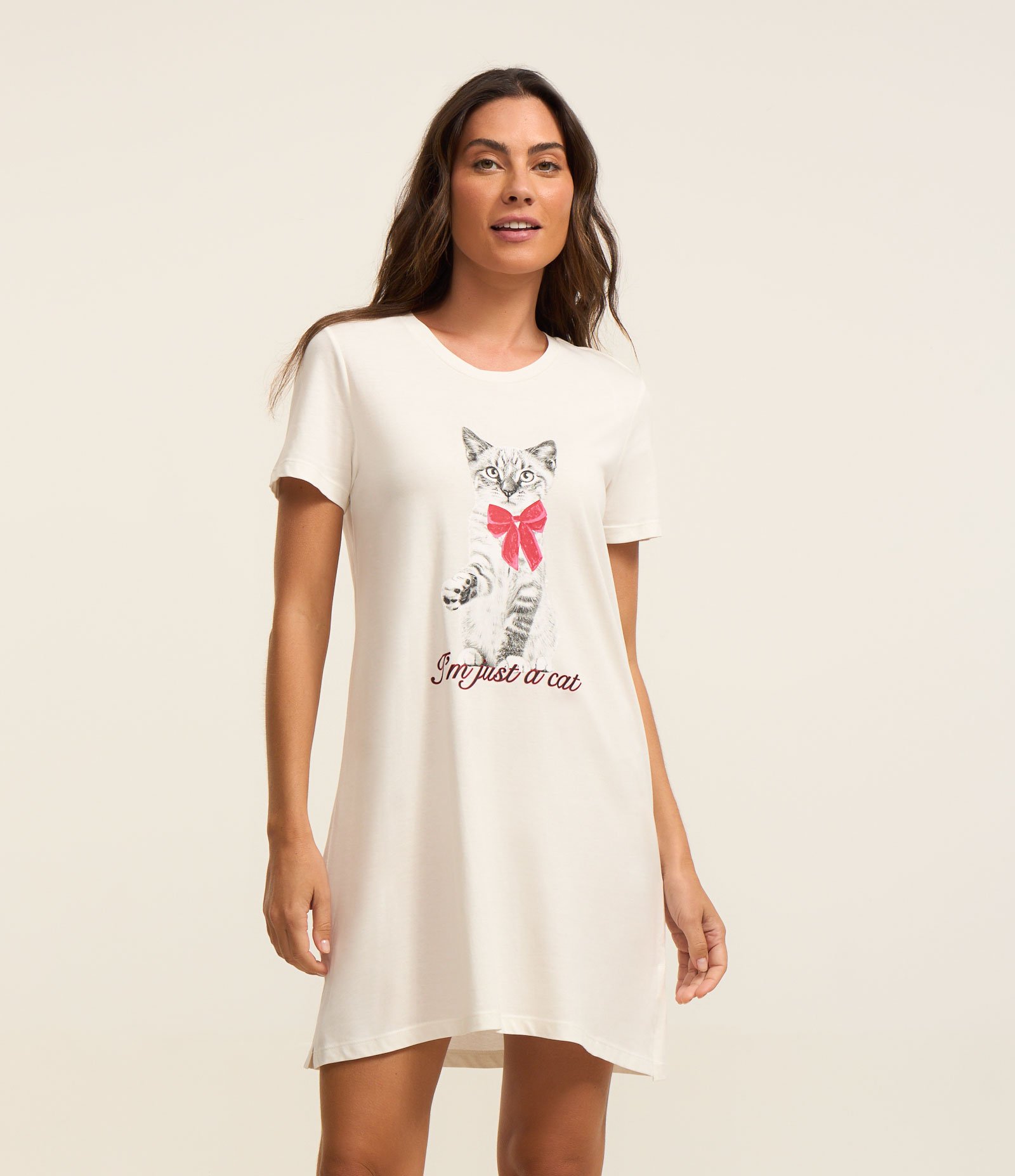 Camisola Curta em Algodão com Estampa Gatinho I'm Just a Cat Branco 1