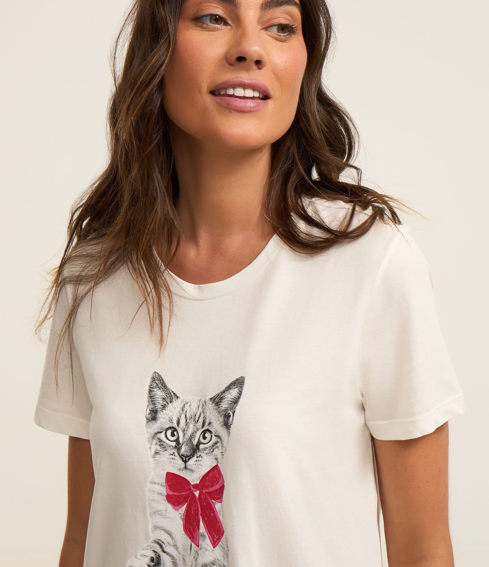 Camisola Curta em Algodão com Estampa Gatinho I'm Just a Cat Branco 2