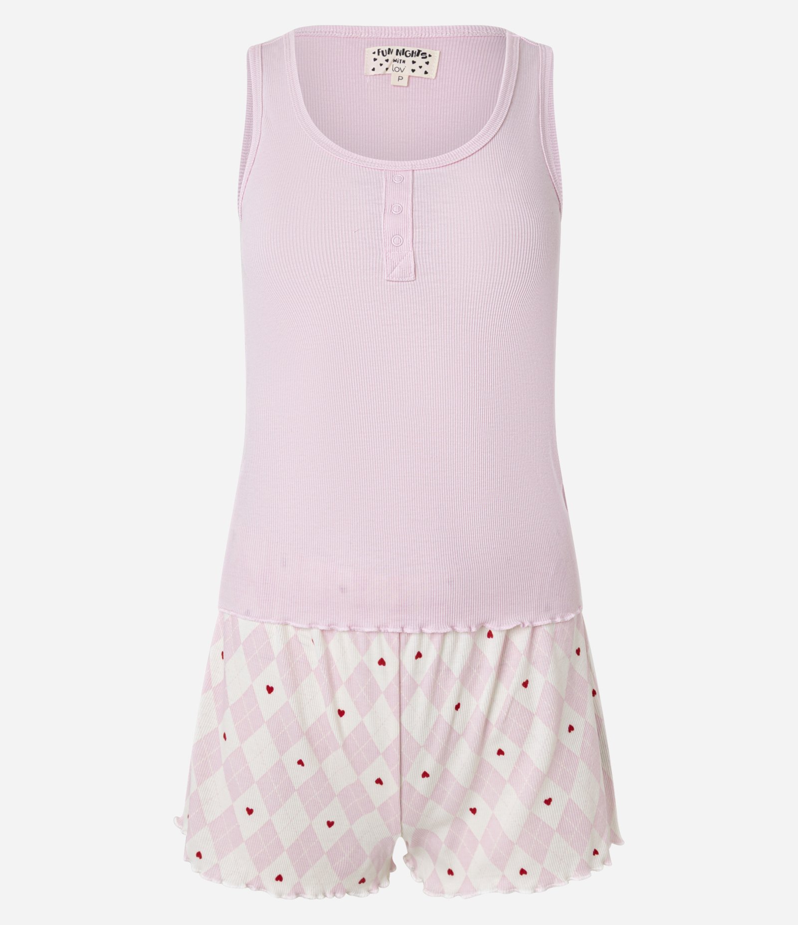 Pijama Short Doll Regata em Ribana com Estampa Geométrica e Corações Rosa 4