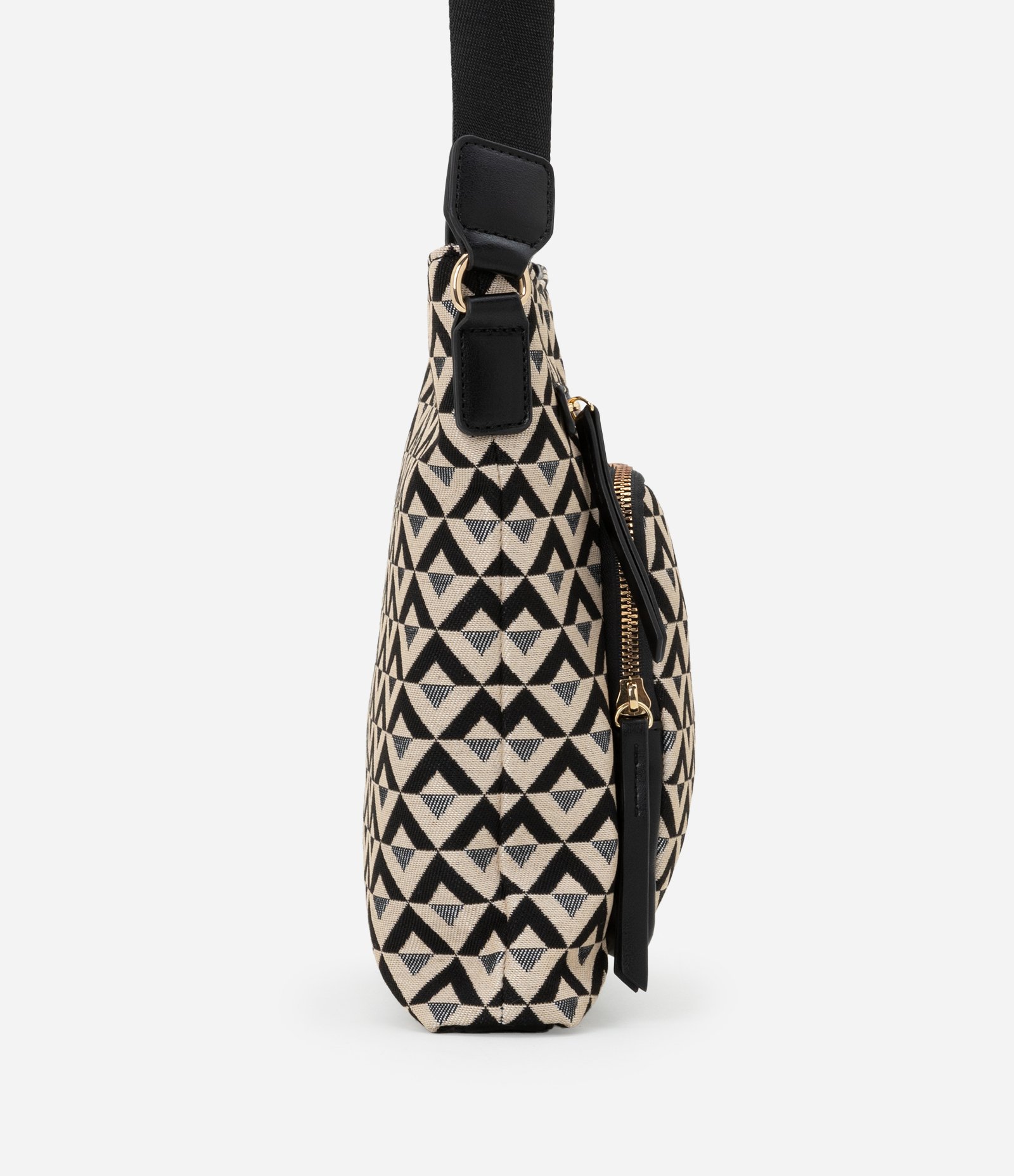 Bolsa Média em PU com Alça Regulável e Estampa Triângulos Preto/ Off White 2