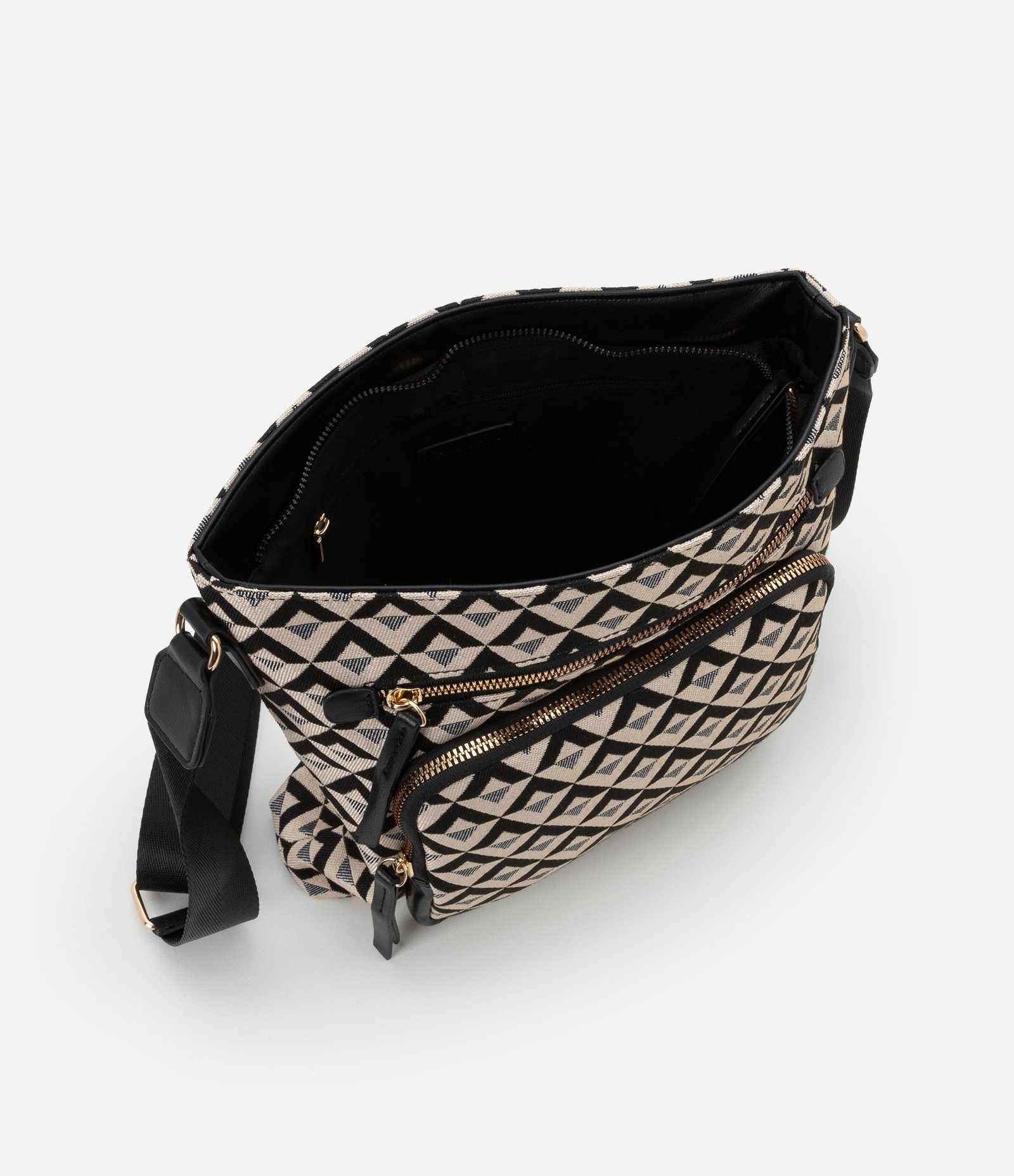 Bolsa Média em PU com Alça Regulável e Estampa Triângulos Preto/ Off White 4