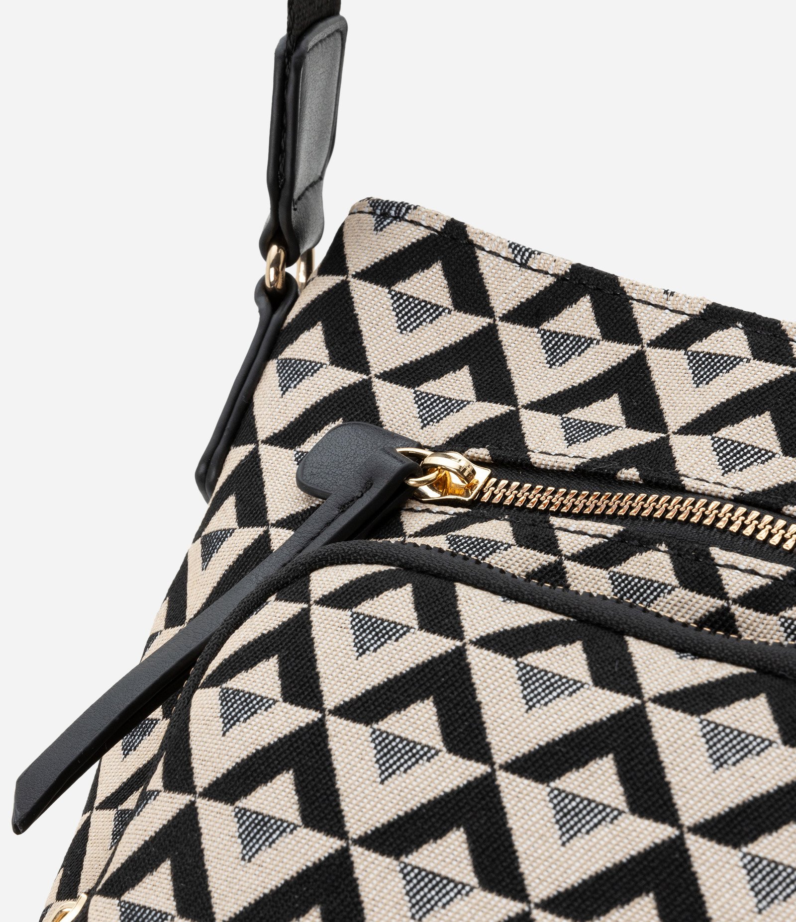 Bolsa Média em PU com Alça Regulável e Estampa Triângulos Preto/ Off White 5