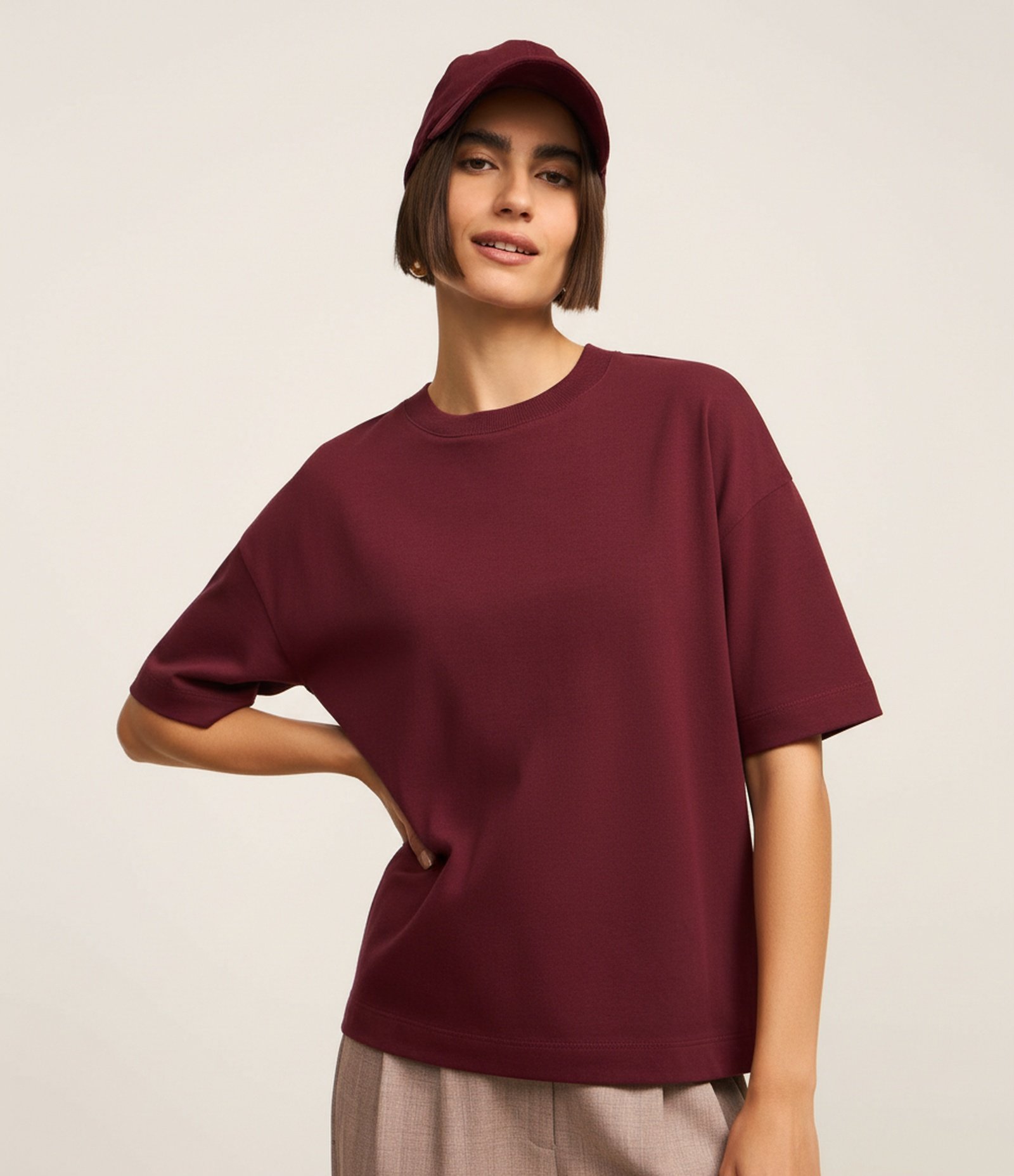 Blusa Oversized Básica em Malhão com Manga Curta Vinho 4