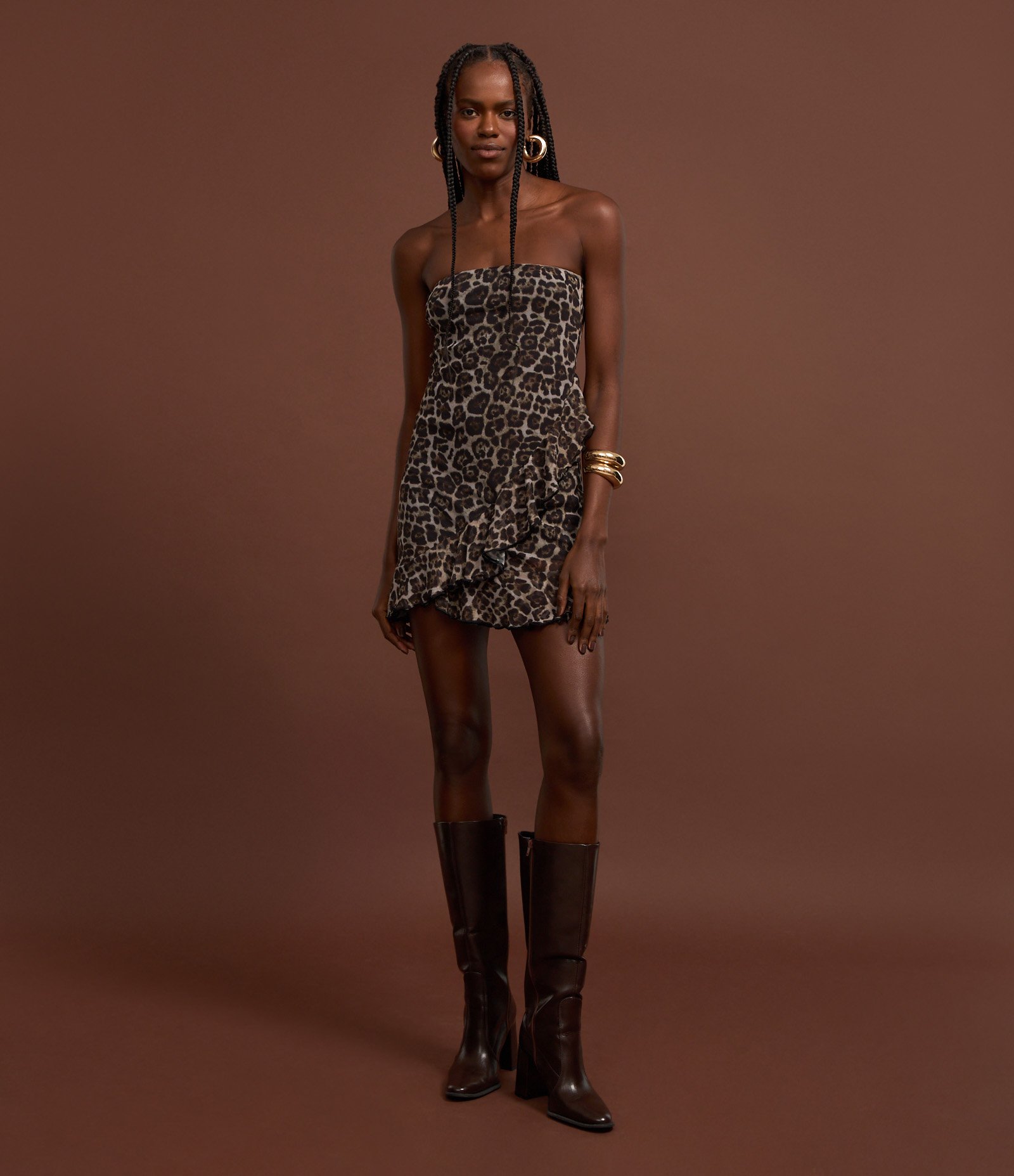 Vestido Curto em Tule Animal Print com Babados Marrom 3