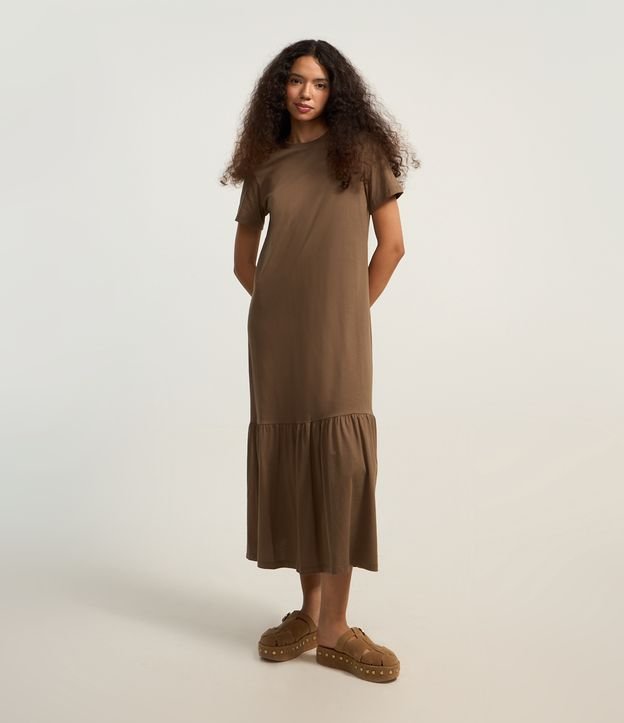 Vestido Evasê Long Midi em Algodão com Babado na Barra