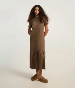 Vestido Evasê Long Midi em Algodão com Babado na Barra