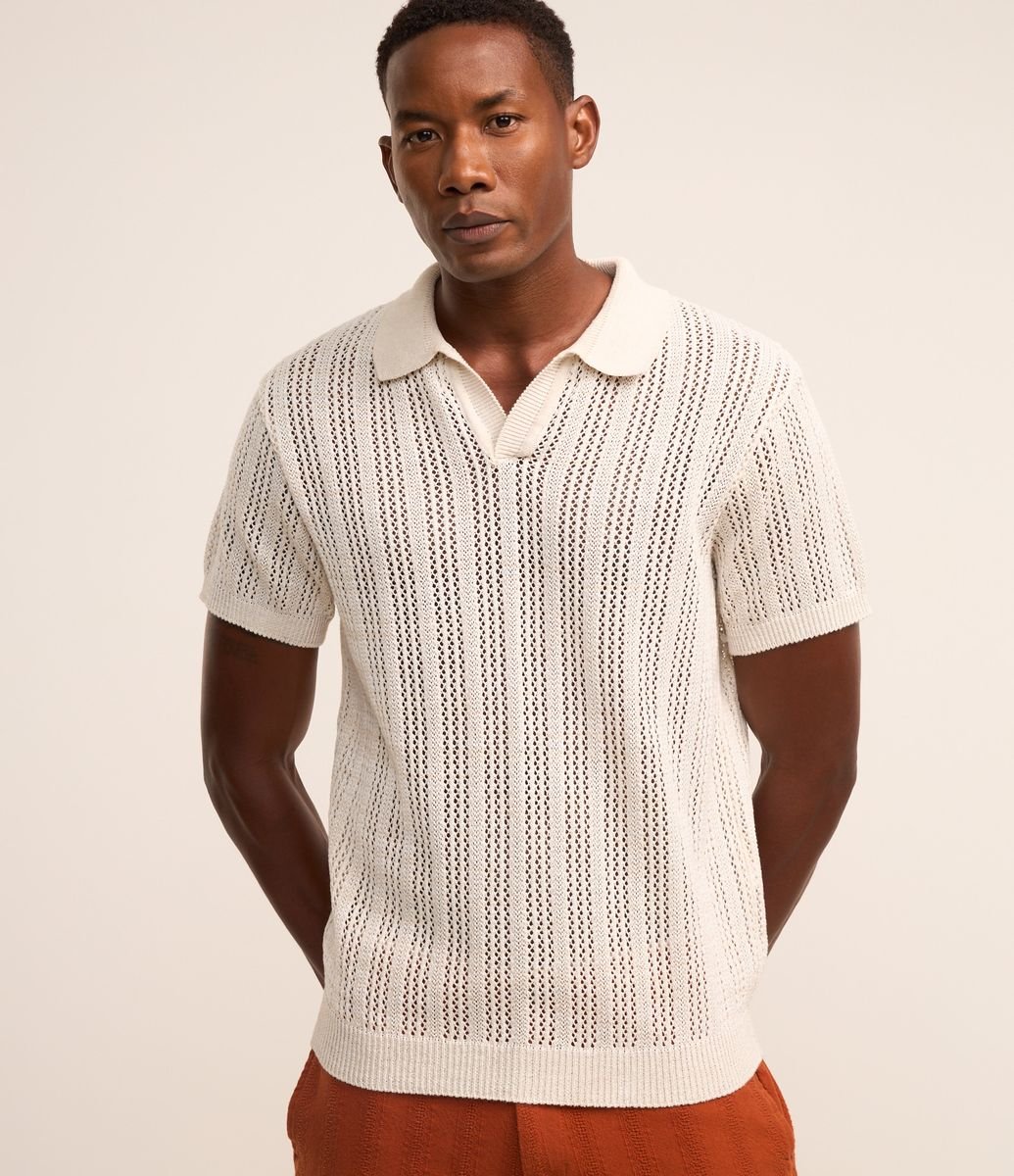Camisa Polo com Efeito Crochê Off White