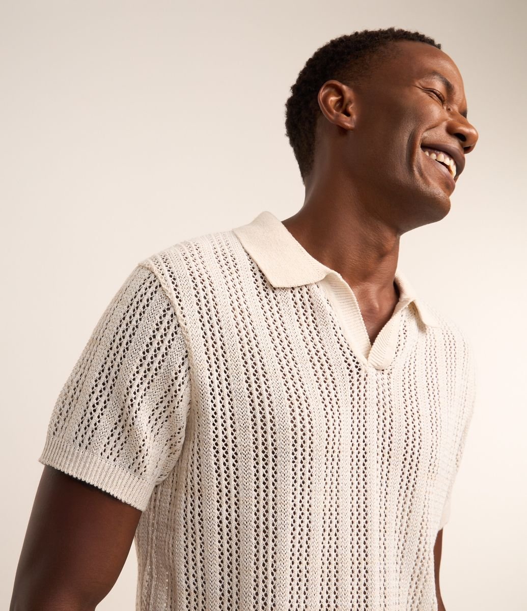 Camisa Polo com Efeito Crochê Off White