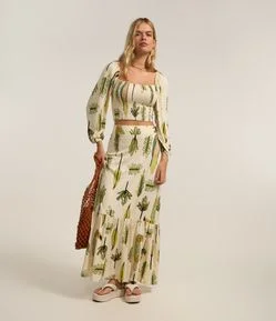Saia New Midi em Viscose com Estampa Folhagem e Pássaro
