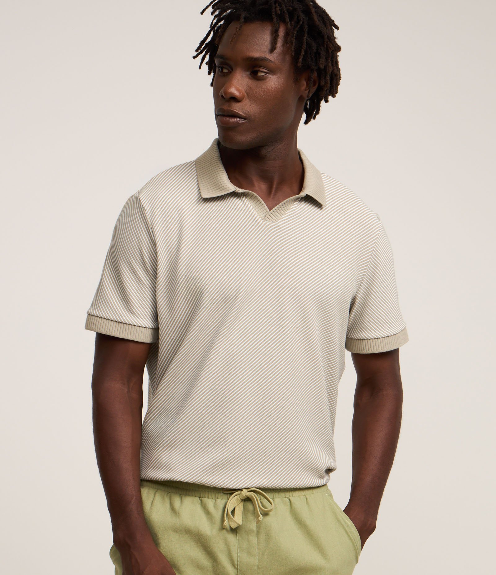 Camiseta Polo Comfort com Textura Diagonal Bege 1