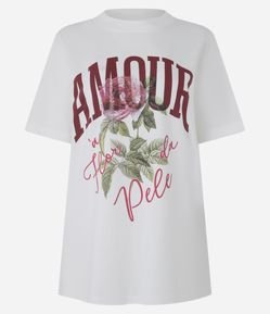 Camiseta Alongada em Algodão com Estampa Amour