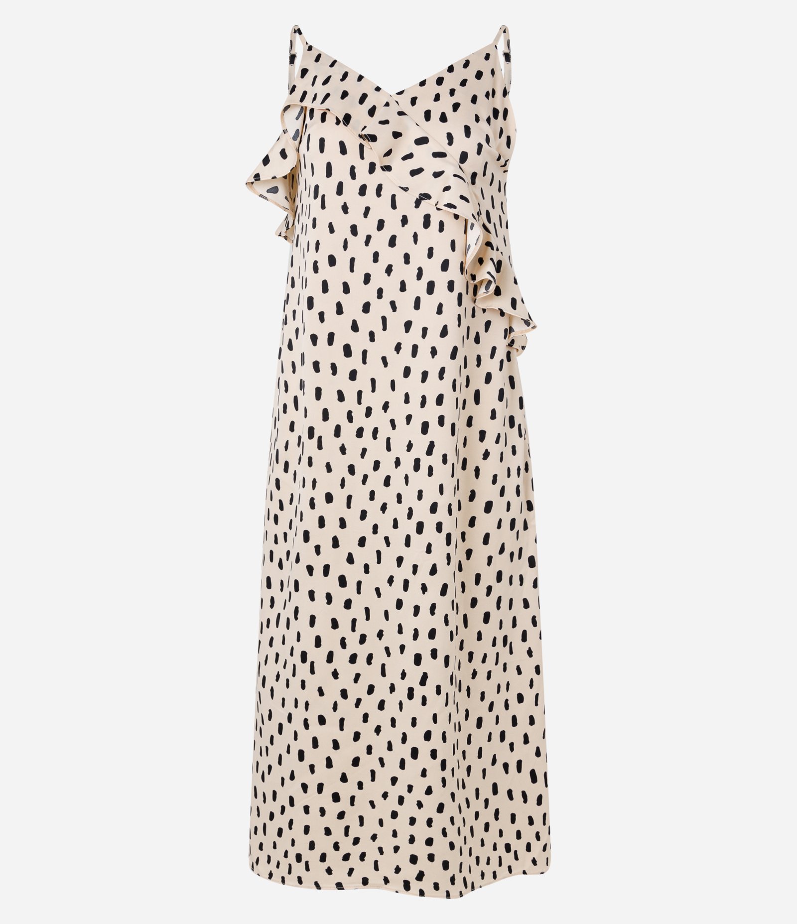 Vestido New Midi em Crepe com Estampa Poá e Babados Bege 5