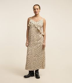 Vestido New Midi em Crepe com Estampa Poá e Babados