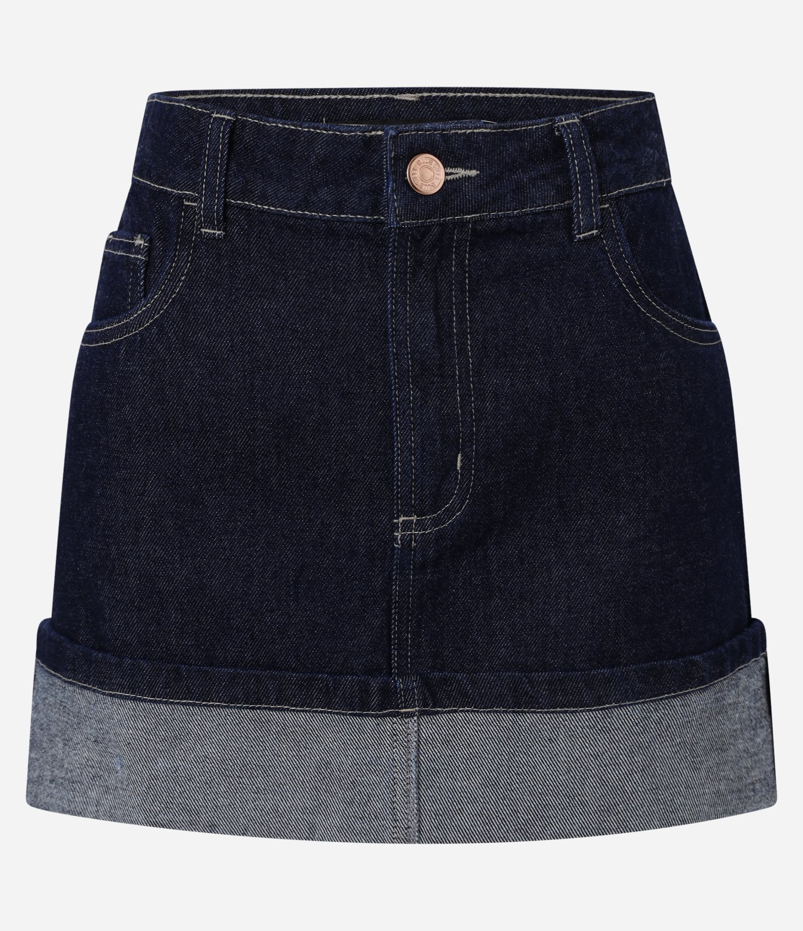 Saia Curta em Jeans com Barra Dobrada e Cintura Alta Azul Escuro 5