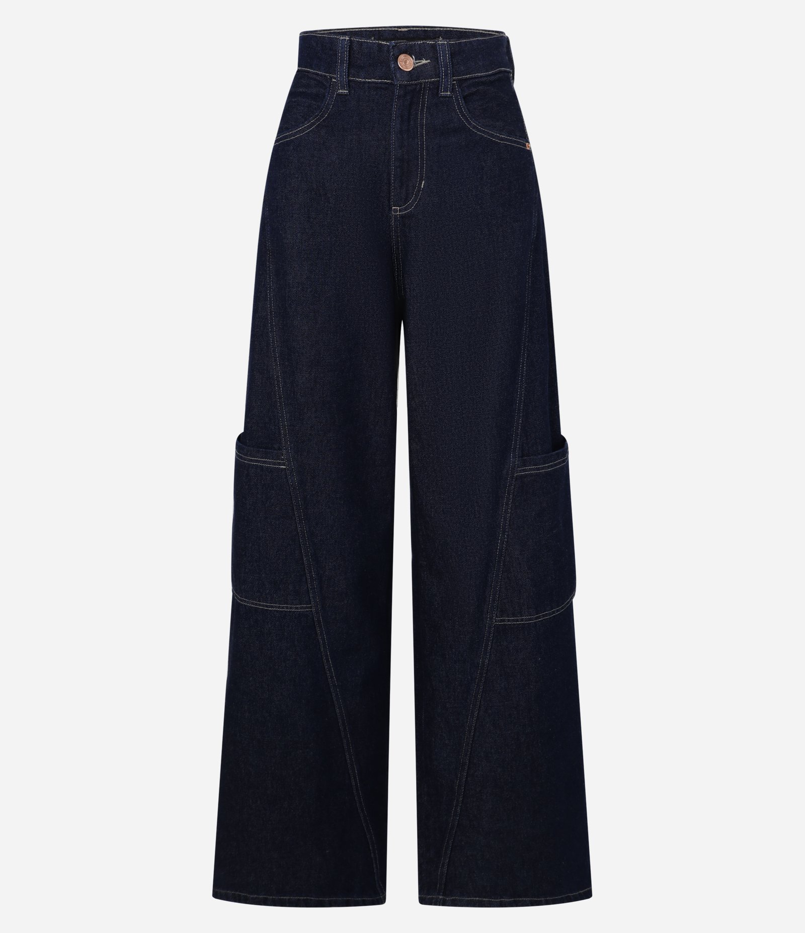 Calça Wide em Jeans com Recorte Transpassado e Bolso Cargo Azul Escuro 8