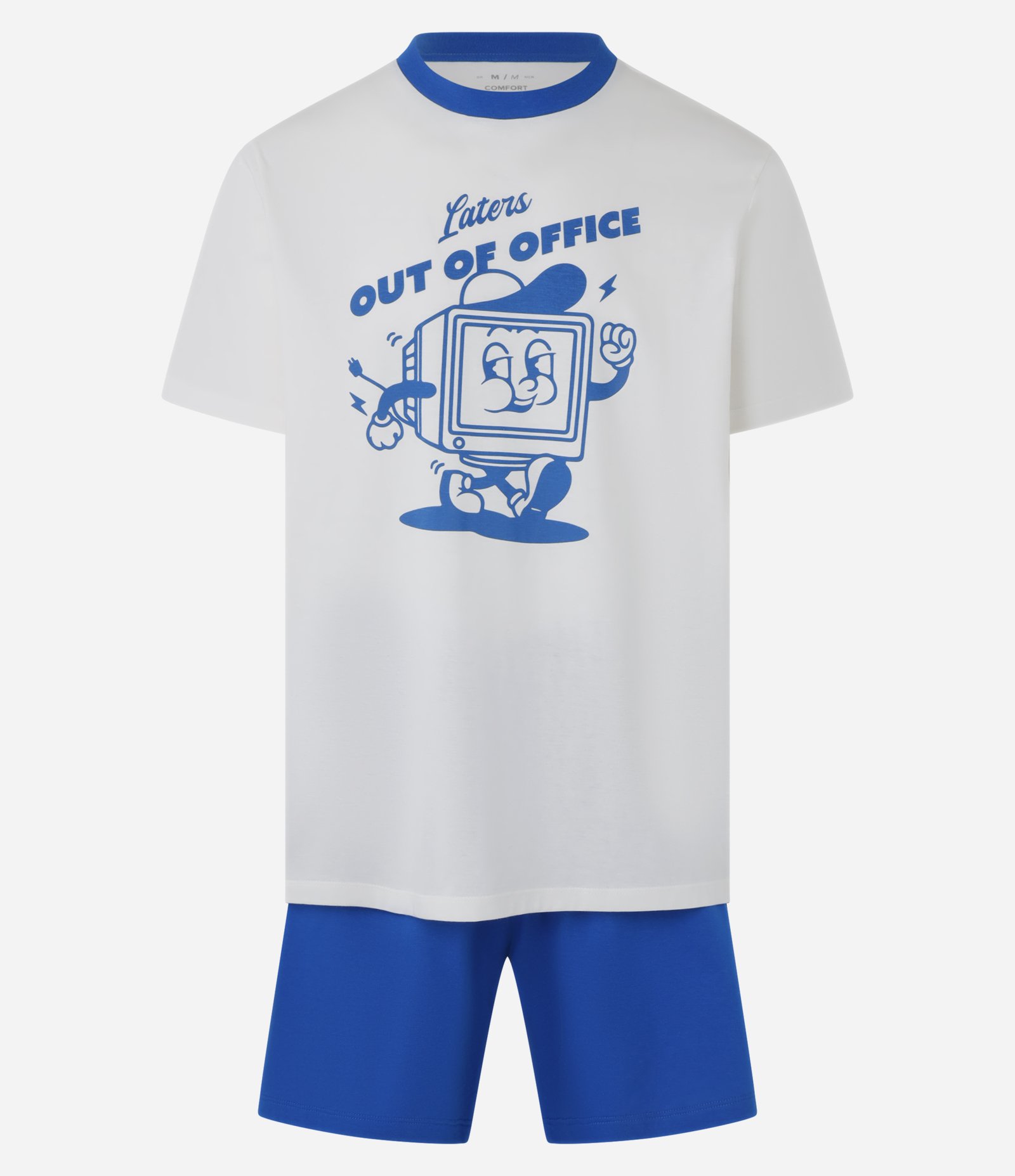 Pijama Curto em Algodão com Estampa Out Of Office Branco/Azul 1