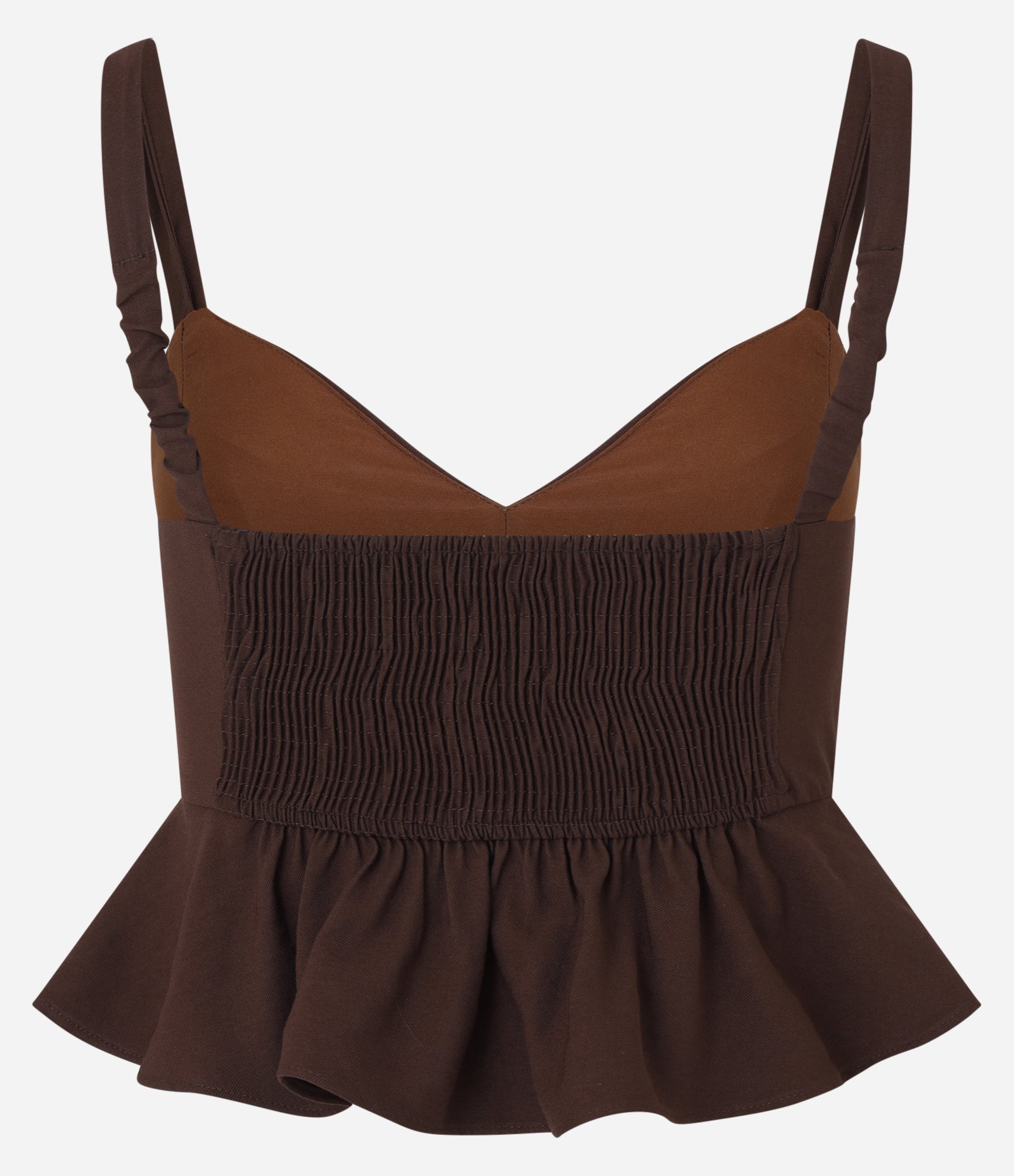 Blusa Cropped em Alfaiataria com Alças de Elástico e Lastex nas Costas Marrom 2