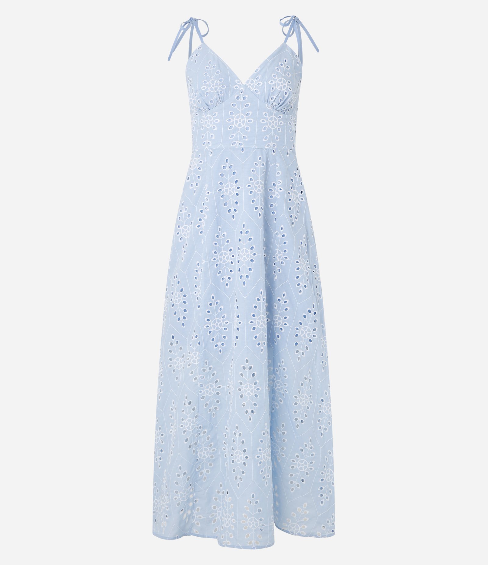 Vestido Evasê Midi em Laise com Bordado Vazado de Folhagem Azul 6