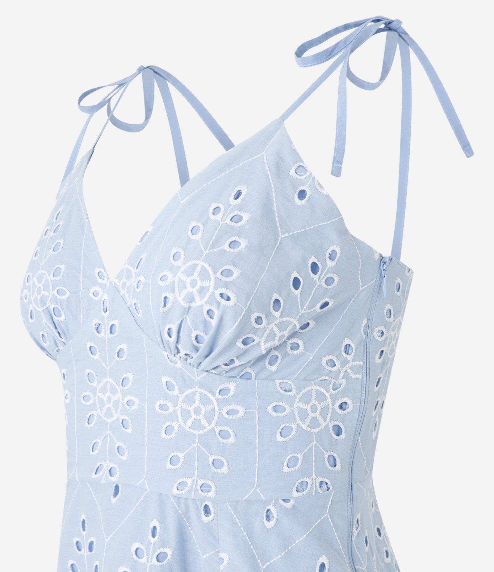 Vestido Evasê Midi em Laise com Bordado Vazado de Folhagem Azul 7