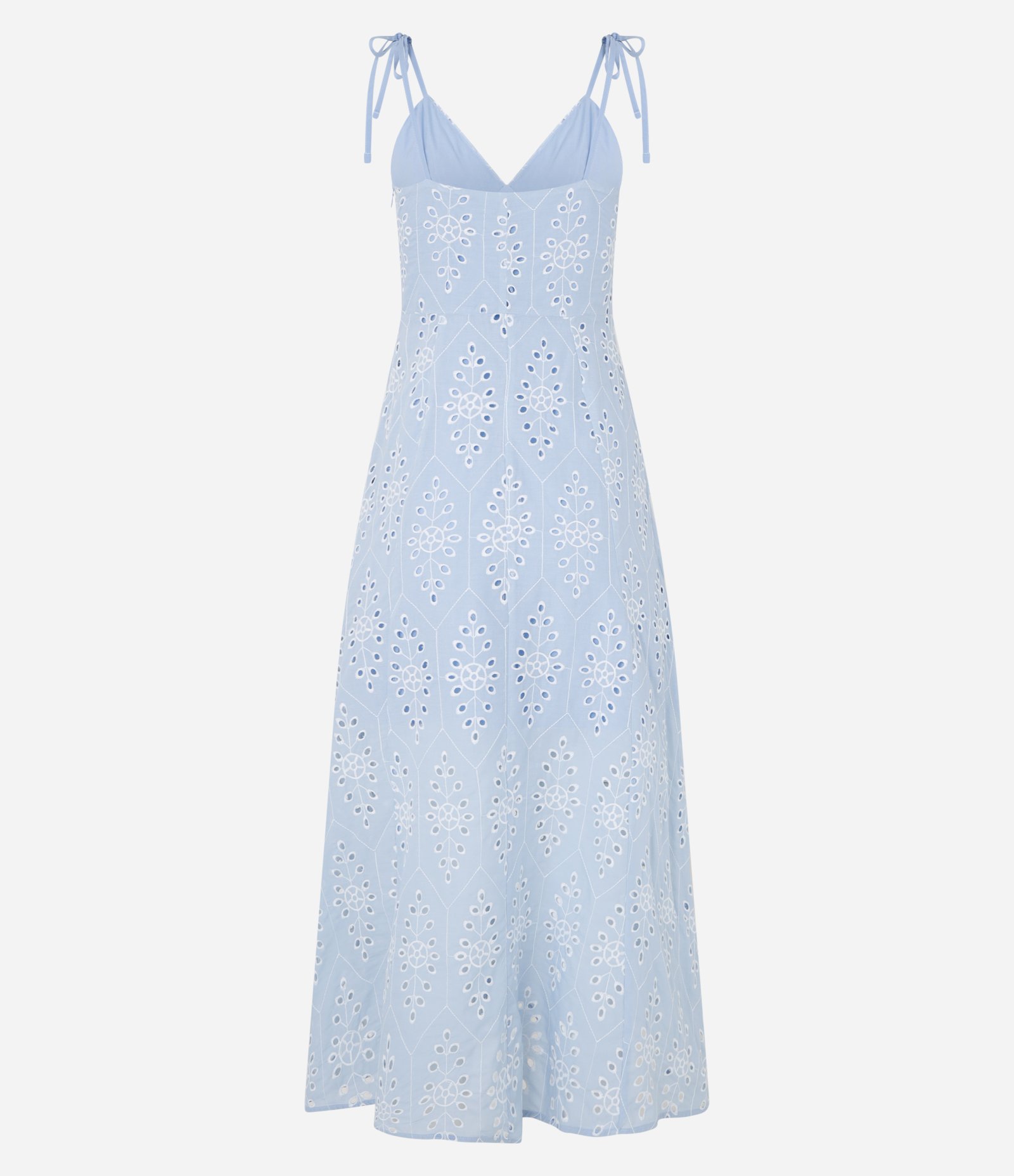 Vestido Evasê Midi em Laise com Bordado Vazado de Folhagem Azul 8