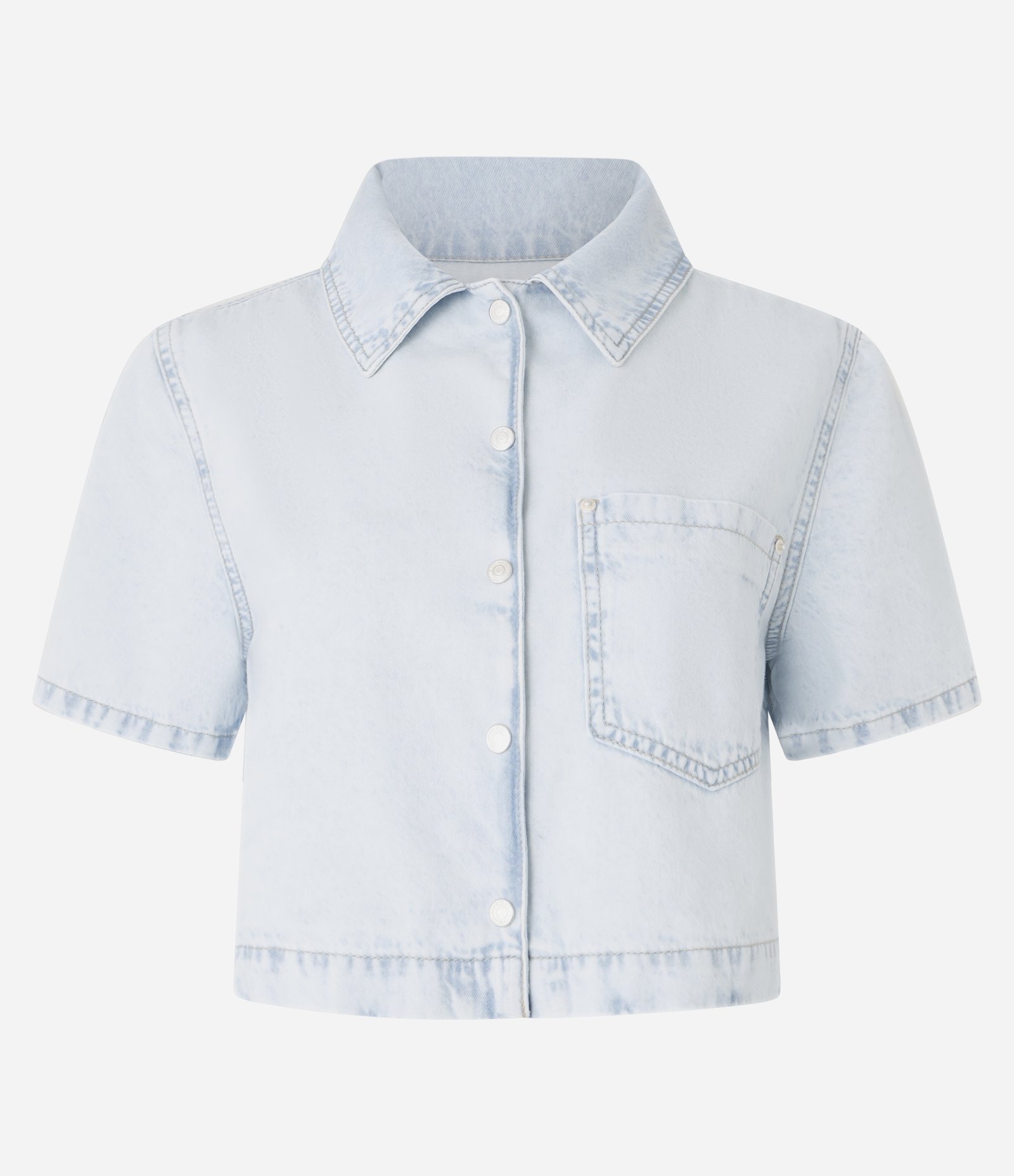 Camisa Cropped em Jeans Delavê com Bolso no Peito Azul 4