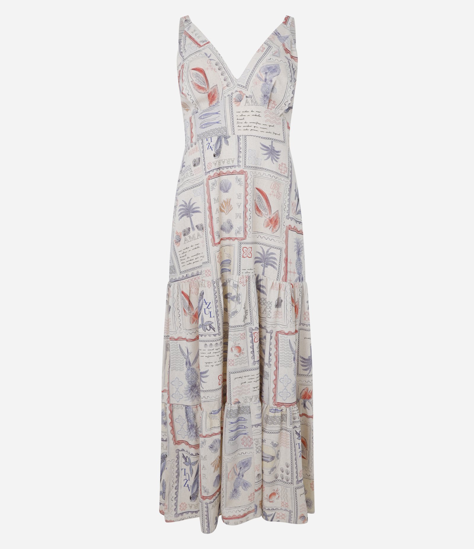 Vestido Evasê Midi em Linho e Viscose com Estampa Cartão Postal Multicores 1