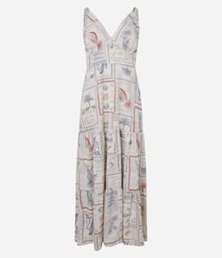 Vestido Evasê Midi em Linho e Viscose com Estampa Cartão Postal
