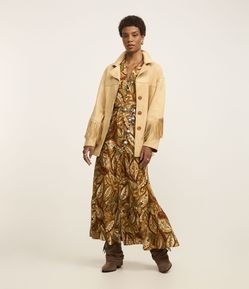 Vestido Midi com Abotoamento e Estampa Folhagem