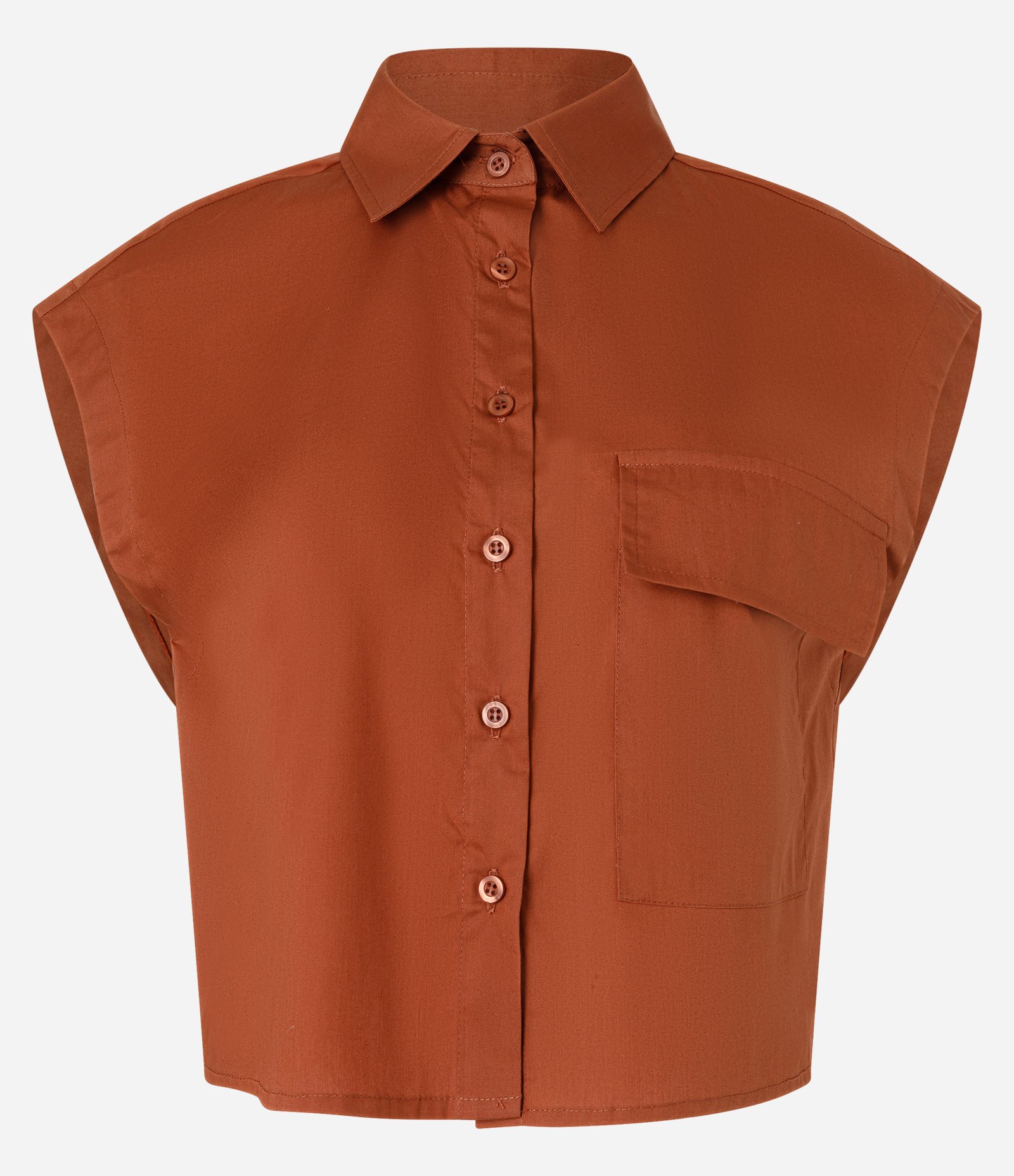 Camisa em Tricoline sem Manga e com Bolso Marrom 4