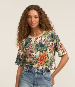 Blusa T-shirt Cropped com Gola em Tricô com Estampa Floral