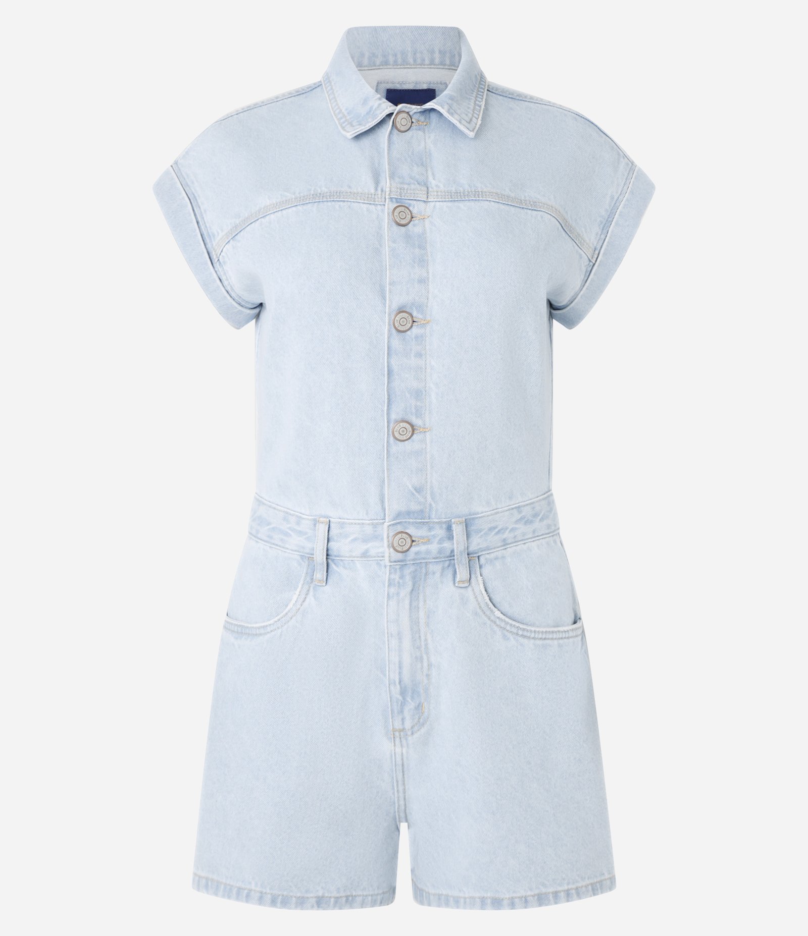 Macaquinho Curto em Jeans com Detalhe de Costura Azul 4